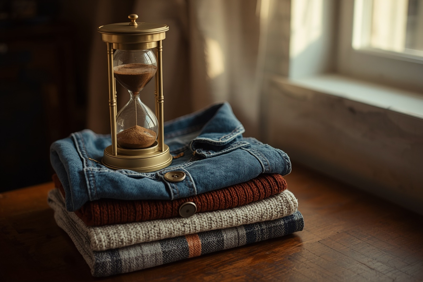 Eine Sanduhr auf einem Stapel gefalteter Vintage-Kleidung: Ein reservierter Artikel ist erst verloren, wenn die Zahlung wirklich durch ist.