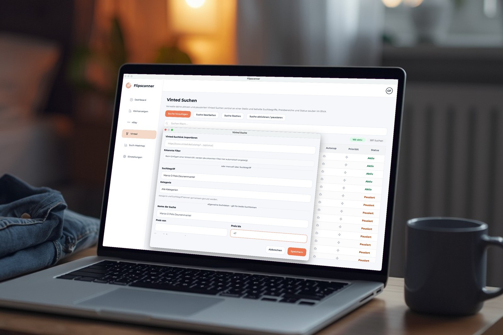 Eine neue Vinted-Suche in der Flipscanner-Desktop-App anlegen: Suchbegriff, Name und Preisobergrenze, mehr braucht es nicht.