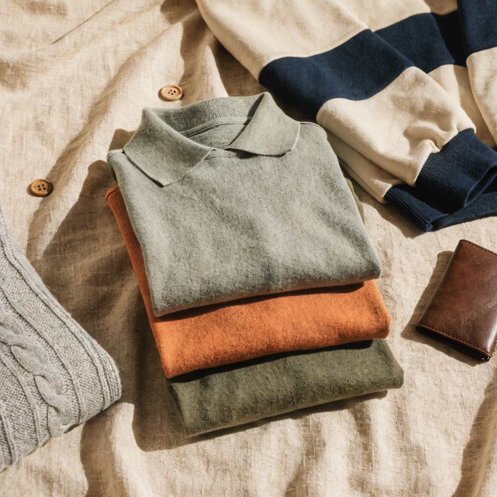 Stillleben mit gefalteten Vintage-Pullovern, Track Jackets und Polo-Shirts in warmen Erdtönen