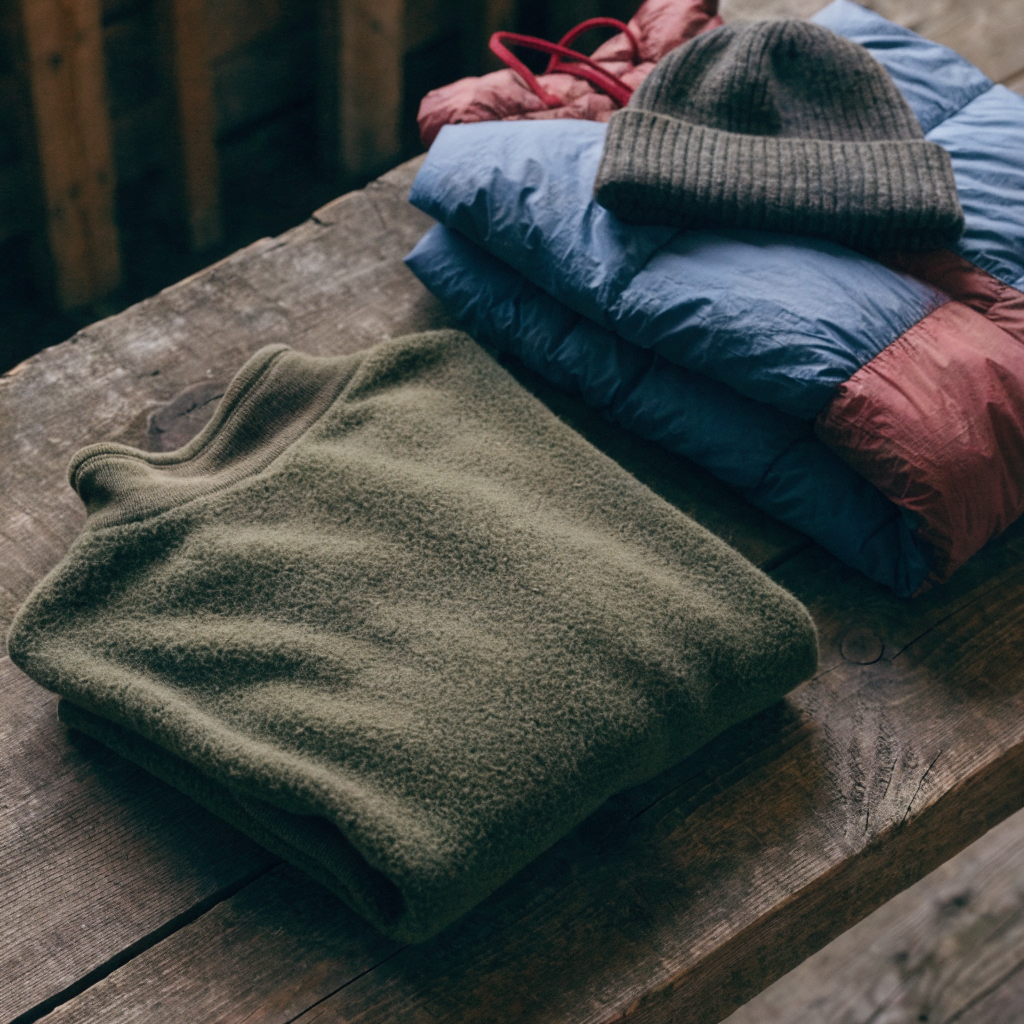Stillleben mit gefalteten Outdoor-Jacken und Fleece-Pullovern in gedämpften Naturtönen auf rohem Holzhintergrund