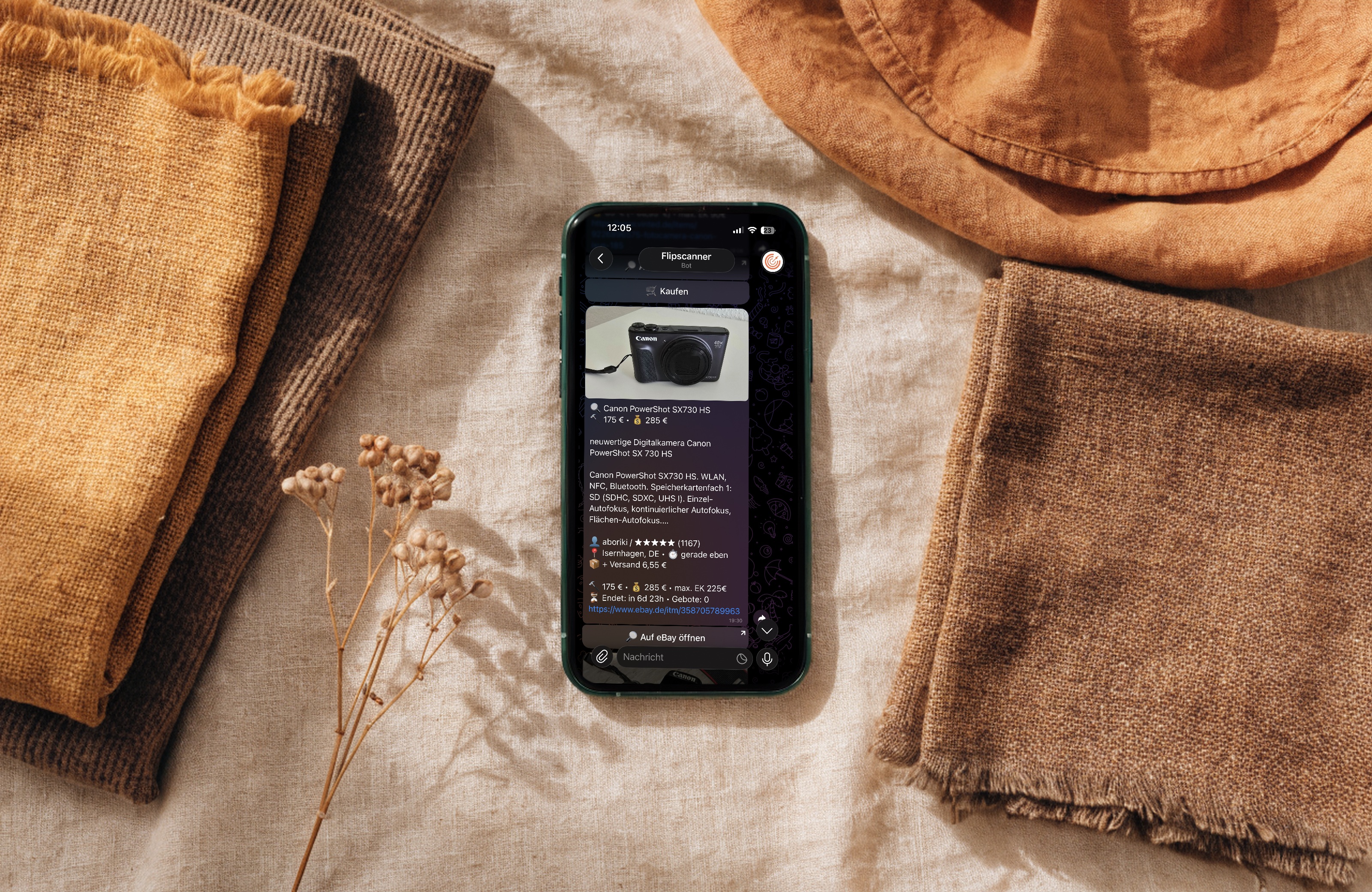 Flipscanner Telegram-Alert mit einer eBay-Auktion für eine gebrauchte Canon-Kamera, inklusive Einkaufspreis, Verkaufspreis und Restlaufzeit